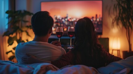 Fototapeta premium Happy loving Couple holding wine glasses on the sofa,Evening cozy watching a movie or TV series in the living room at home,romantic spending time together,Relaxation concept.