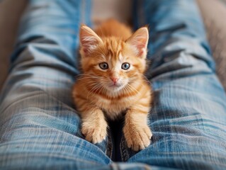Adorable ginger kitten lounging on a man's lap, showcasing its playful red fur, photographed from below with a wide-angle lens. Capturing the warmth and comfort of a cozy moment during a photo shoot. 