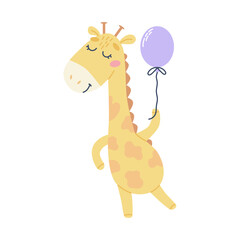 Cute giraffe with balloon. Birthday greetings and party. Vector illustration