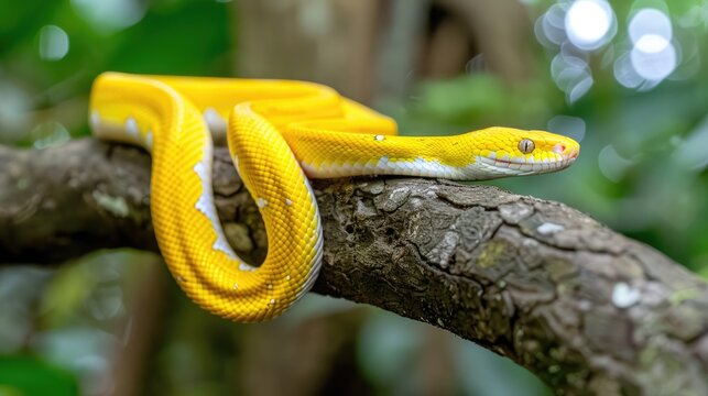 A Python snake with brown, black, and cream markings is coiled on a tree branch, its head raised in a defensive posture. The background is a blurred image of a lush green forest