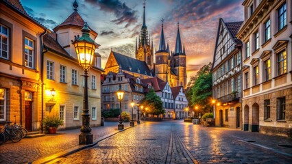 Fototapeta premium Vibrant sunset casts golden light on ancient brick architecture, picturesque canal, and ornate bridges in medieval European cityscape.