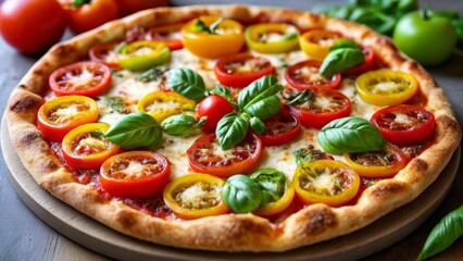  Freshly baked pizza with vibrant toppings ready to be enjoyed