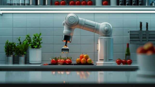 A robotic chef arm prepares a dish in a futuristic kitchen