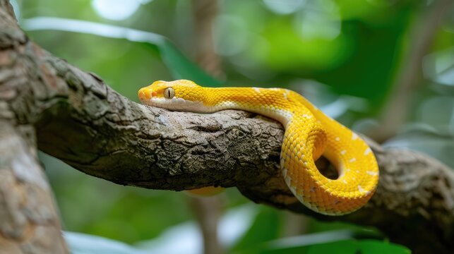 A Python snake with brown, black, and cream markings is coiled on a tree branch, its head raised in a defensive posture. The background is a blurred image of a lush green forest