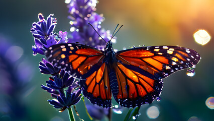 Fototapeta premium Butterfly on lavender flowers in the garden. Nature background