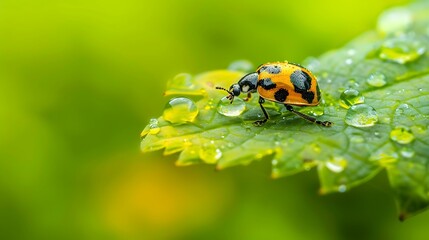 Obraz premium A water droplet on a tree leaf is eaten by a small insect