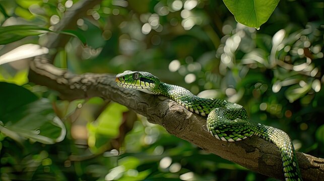 A Python snake with brown, black, and cream markings is coiled on a tree branch, its head raised in a defensive posture. The background is a blurred image of a lush green forest