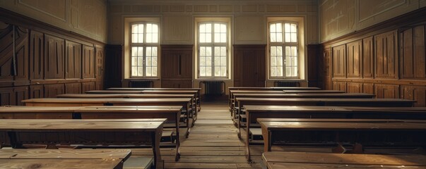 Obraz premium Sunlight filters through vintage classroom windows, casting a nostalgic glow over wooden walls and desks, creating a serene space for learning and reflection
