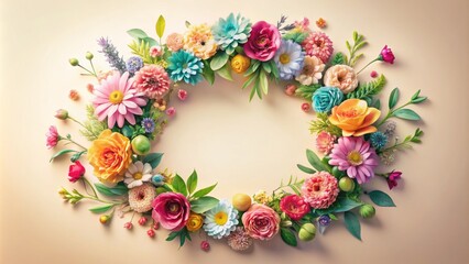 Vibrant floral wreath adorns a delicate background, perfect for creating charming greeting cards, invitations, and summer themed holiday designs.