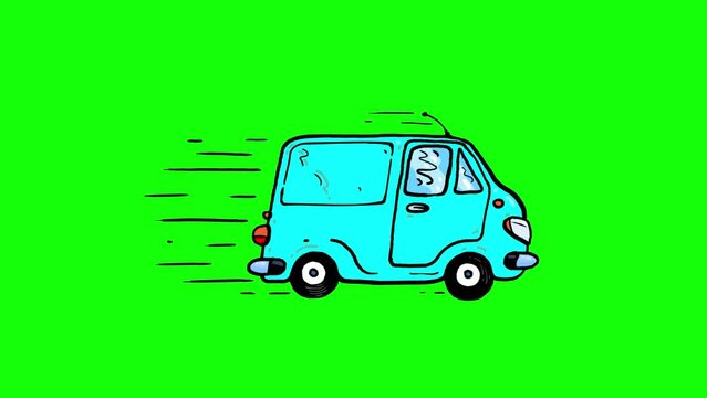 Simple mini bus van car cartoon animation green screen. Fast driving greenbox isolated seamless loop.
