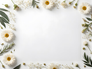 Flowers composition. Frame made of white flowers on white background. Flat lay, top view, copy space