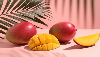 mango fruits half cut on lite pink background