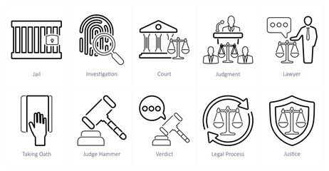 Fototapeta premium A set of 10 justice icons as jail, investigation, court