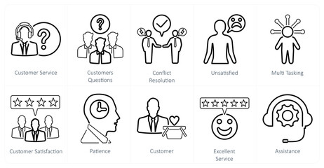 Fototapeta premium A set of 10 customer service icons as customer service, customer questions, conflict resolutions