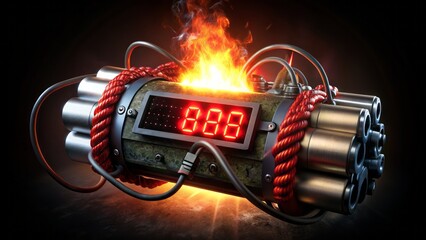 Dramatic high-angle view of a ticking time bomb surrounded by wires and detonators against a dark gradient background.