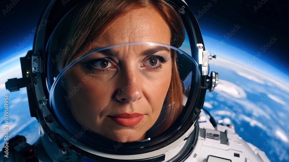 Wall mural brave astronaut sits in a spaceship while orbiting around the earth.