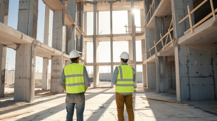 Two construction workers in yellow vests and hard hats inspecting a large unfinished building structure under bright sunlight.