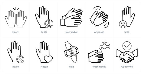 A set of 10 hands icons as hands, peace, non verbal