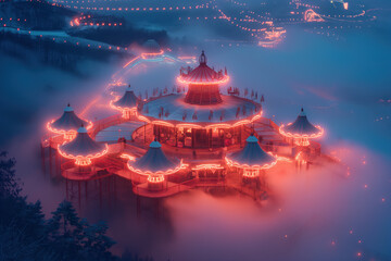 Fototapeta premium Illuminated amusement park emerging from fog at night
