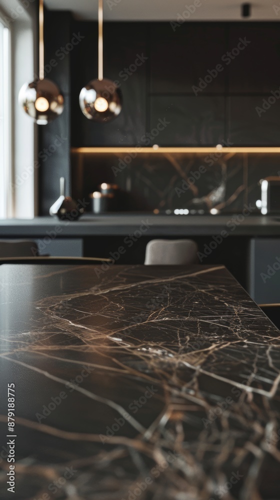 Sticker Luxurious modern kitchen with a black marble countertop reflecting warm light, adding sophistication to the stylish interior design