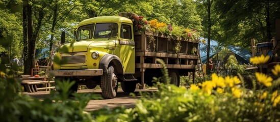 Obraz premium Vintage Truck Loaded with Flowers in a Green Forest