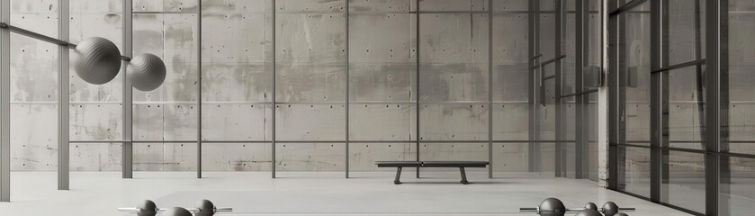 Minimalist interior with a bench, large windows, and a hanging lamp.