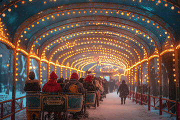 Obraz premium People enjoying christmas market strolling under archway with lights