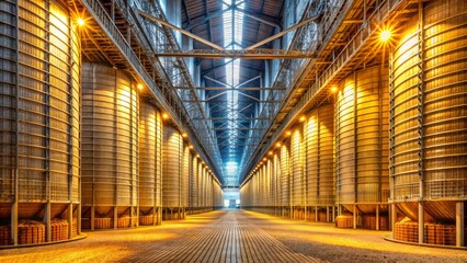 Fototapeta premium Massive interior of a grain storage facility filled with towering rows of corn and wheat bins in a vast dimly lit space.