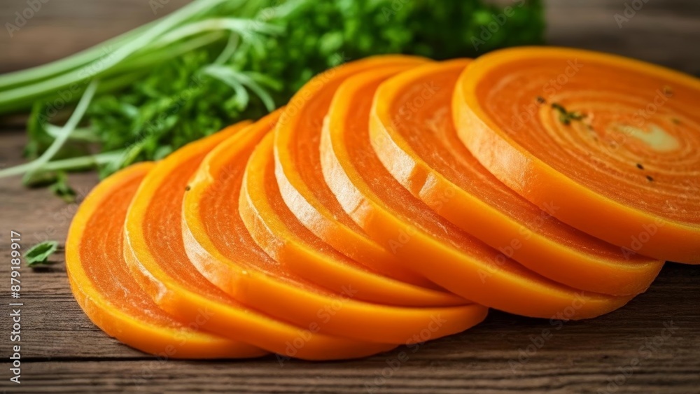 Wall mural  Freshly sliced carrots on a rustic wooden surface