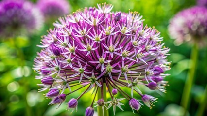 Delicate, intricate, ornate, rounded onion flower blooms in vibrant purple and white hues amidst lush green foliage in a serene garden setting.