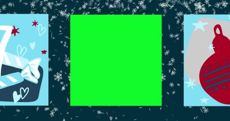 Christmas advent calendar sheets with drawings cute colorful Christmas ornaments with number of day of december. Calendar tear sheet opens chroma green screen. Christmas 4K video graphic animation