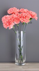 Obraz premium A bouquet of pink carnations sits in a clear glass vase on a light brown wooden table, against a gray background