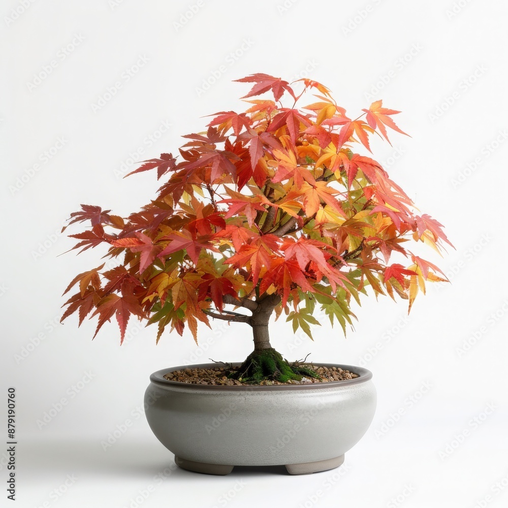 Wall mural beautiful japanese maple bonsai tree in a ceramic pot with vibrant autumn foliage on a white backgro