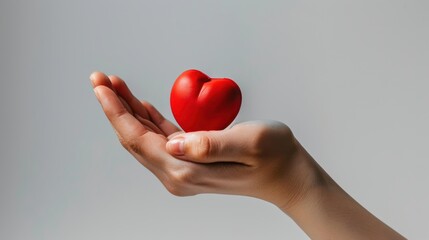 Female's hand holding red heart against white grey background