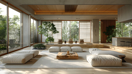 Serene Japanese-style living room with large windows, minimalist decor, floor cushions, and indoor plants, bathed in natural light.