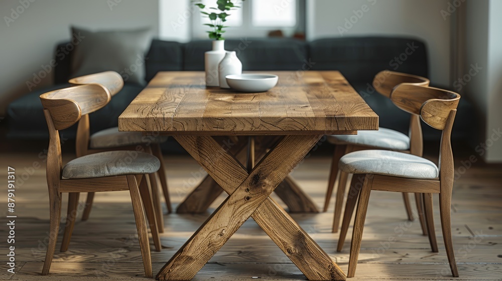 Sticker Modern dining room with a large wooden table and chairs bathed in sunlight. The room is decorated in a minimalist style