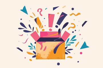 Obraz premium fun mystery box with question marks and exclamation marks flying out of it, fun ,surprise box, logo, illustration 