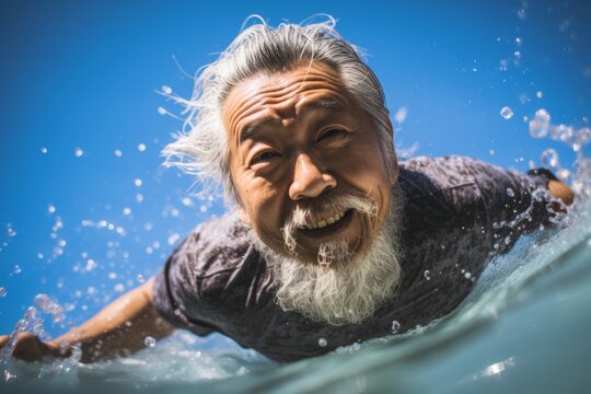 
Photo of a 70-year-old Asian man swimming in an outdoor pool, escaping the extreme heat