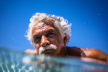 A 75-year-old Hispanic man swimming in an outdoor pool on an extremely hot summer day