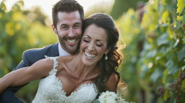 Happy groom piggybacking bride in vineyard