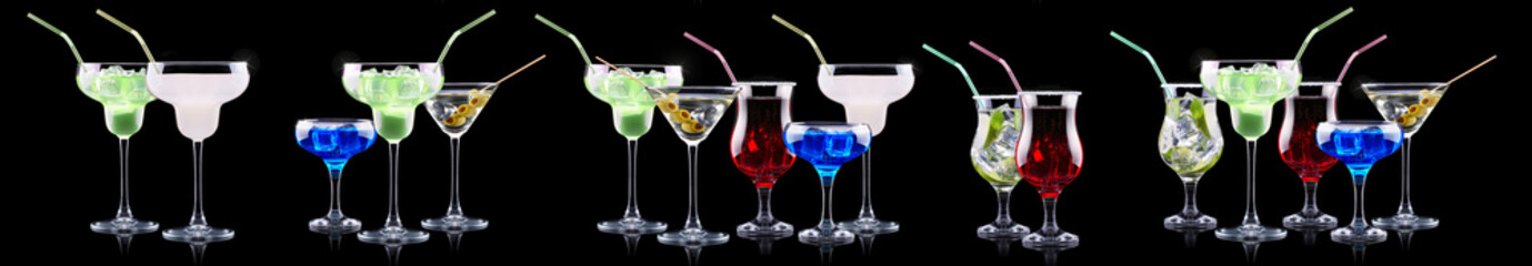 Different alcohol cocktails like beer, martini, soda, champagne, whiskey