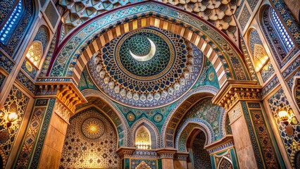 Fototapeta premium Intricate Islamic geometric patterns adorn ancient Arabian mosque architecture with crescent moon symbol surrounded by lavish middle eastern ornaments.