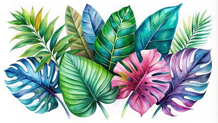 Vibrant, colorful watercolor illustration of exotic tropical leaves in shades of green, blue, and pink on a white background.