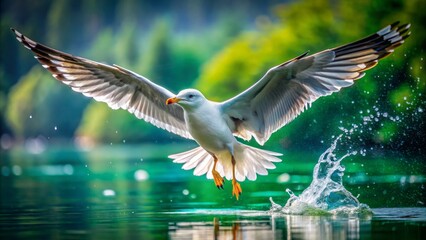 Majestic seagull takes flight from serene green lake waters, sending droplets flying in a dynamic display of natural beauty.