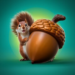 Fototapeta premium Happy Squirrel with Giant Acorn on Vibrant Green Background, Nature, Wildlife, imagegraphy for Prints and Posters