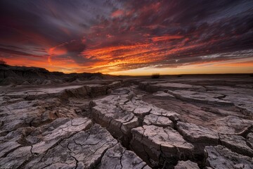A drought-stricken landscape at sunset, with vast areas of cracked and parched land. Deep cracks in the earth's surface highlight the severity of the drought.