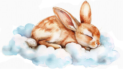 A painted rabbit sleeps sweetly on a cloud