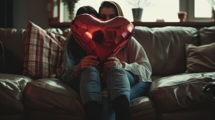 Young couple in love holding a heart-shaped balloon, hiding behind it while sitting on the sofa in the living room at home