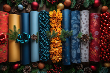 Colorful christmas wrapping paper rolls arranged on wooden table