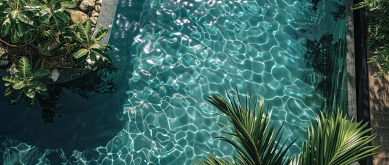 The pool edge and the sparkling water below from a high angle create a unique summer atmosphere and a feeling like a vacation.